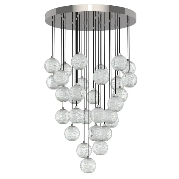 Like a gorgeously beaded garment, the Marni collection add luxury and interest to any design. Meticulously cut spherical shades create glittering beams of illumination throughout the design. Available in Polished Nickel and Natural Brass accompaniments. Collection: Marni Designer: Ryan Pauly Sub-Brand: ALORA Finish: Polished Nickel Glass: Clear Carved Acrylic Width: 25.63" Height: 4.75" Length: 25.63" Wire: 144" Black Braided Canopy: D25.625" x H2.25" Maximum Wattage: 155.00 W Bulb Type: LED Light Source: LED Light Output: 11340.00 lm Delivered Lumens: 9510.00 lm Color Temperature: 3000 K CRI: 90 Rated Average Life: 50,000 Voltage: 120.00 V Material: Aluminum + Steel Country of Origin: China Safety Listing: ETL Safety Rating: Dry LED Manufacturer Warranty: 5 Years Spec Sheet Instructions