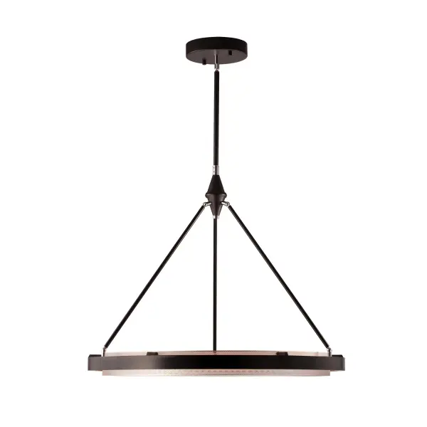 Opposites attract with this dynamic duo. A bold outer ring with a perforated inner ring and the result is a refined and simple striking piece. It comes in several finishes and accent combinations, perfect for any space. Collection: Duo Finish: Classic Black/Silver Shimmer Glass: Frosted Acrylic Diffuser Width: 31.25" Height: 26.63" Length: 31.25" Wire: 144" Rod: 46" (3x12" + 1x6" + 1x4") Canopy: D9.875" x H1.75" Maximum Wattage: 62.00 W Light Source: LED Light Output: 6000.00 lm Delivered Lumens: 1650.00 lm Color Temperature: 3000 K CRI: 90 Rated Average Life: 50,000 Voltage: 120.00 V Material: Steel + Acrylic Country of Origin: China Safety Listing: ETL Safety Rating: Dry Title 24 LED Spec Sheet Instructions