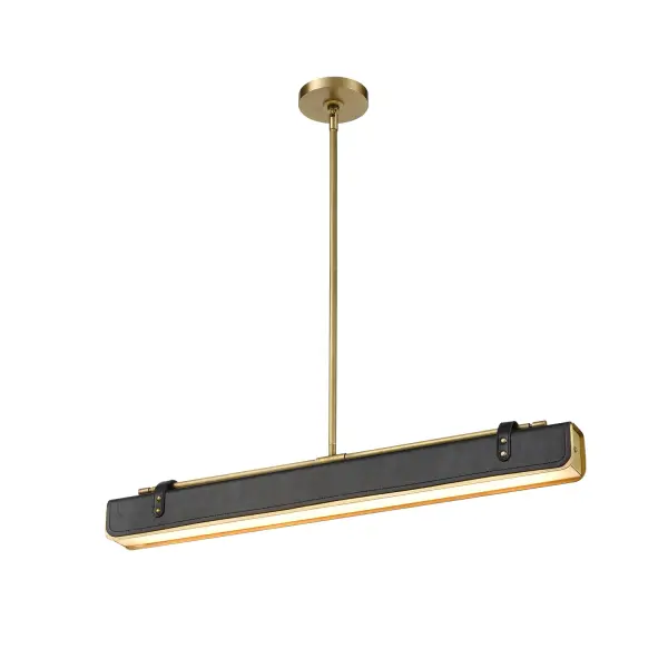 Relive memories of past adventures without ever having to leave the comfort of your home. Valise is a unique fixture inspired by vintage luxury luggage. Premium vegan leather combines with LED lighting and a metal base for an unforgettable piece. Available in multiple finish options. Collection: Valise Sub-Brand: ALORA Finish: Vintage Brass/Tuxedo Leather Glass: Frosted Acrylic Diffuser Width: 2.50" Height: 4.50" Length: 31.50" Weight: 11.60 lb Wire: 144" Rod: 46" (3x12" + 1x6" + 1x4") Canopy: D4.75" x H0.875" Maximum Wattage: 31.00 W Bulb Type: Module Bulb Base: AC Light Source: LED Light Output: 3100.00 lm Delivered Lumens: 1373.00 lm Color Temperature: 2700 K CRI: 90 Rated Average Life: 50,000 Voltage: 120.00 V Material: Steel + Brass + Leather Country of Origin: China Safety Listing: ETL Safety Rating: Dry Title 24 LED Manufacturer Warranty: 5 Years Spec Sheet Instructions