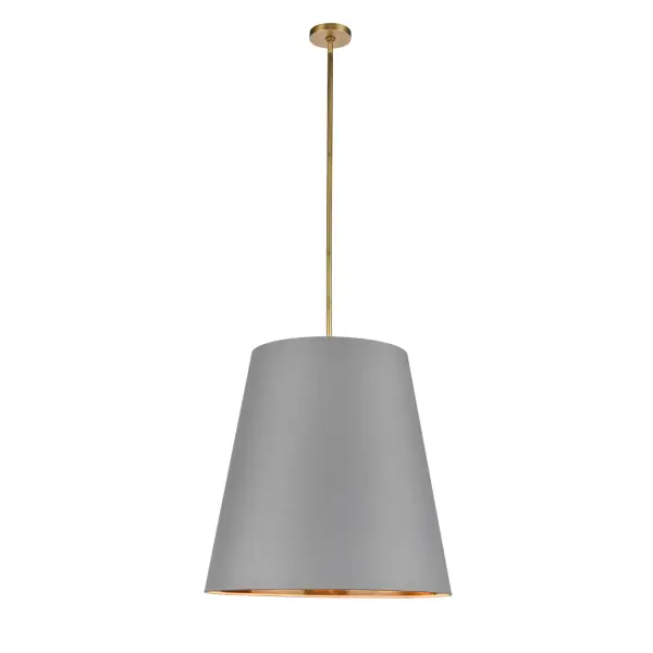Elegant and softly tapered linen drum shades add a stylish and classic statement to any interior. The Calor collection exhibits a luminous gold interior combined with 100% linen exterior - offered in soft neutral tones of White, Black and Gray. Available in 2 sizes and offered in both Vintage Brass and Urban Bronze finishes. Collection: Calor Sub-Brand: ALORA Finish: Gray Linen With Gold Parchment/Vintage Brass Glass: Linen Shade Width: 24.88" Height: 24.88" Length: 24.88" Weight: 22.00 lb Wire: 144" Rod: 46" (3x12" + 1x6" + 1x4") Canopy: D4.75" x H0.875" Number of Bulbs: 3 Maximum Wattage: 60.00 W Bulb Type: A19 Bulb Base: E26 Light Source: Incandescent Voltage: 120.00 V Material: Steel + Linen Country of Origin: China Safety Listing: UL Safety Rating: Dry Manufacturer Warranty: 1 Year Spec Sheet Instructions