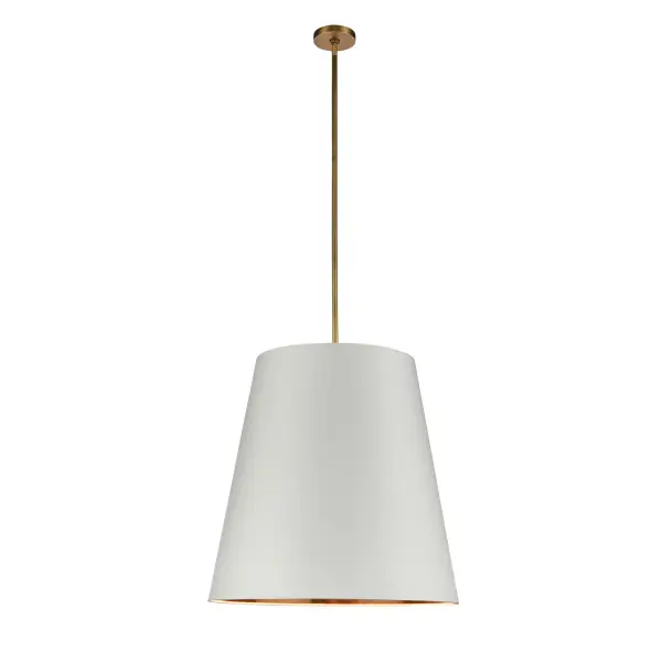 Elegant and softly tapered linen drum shades add a stylish and classic statement to any interior. The Calor collection exhibits a luminous gold interior combined with 100% linen exterior - offered in soft neutral tones of White, Black and Gray. Available in 2 sizes and offered in both Vintage Brass and Urban Bronze finishes. Collection: Calor Sub-Brand: ALORA Finish: Vintage Brass/White Linen With Gold Parchment Glass: Linen Shade Width: 24.88" Height: 24.88" Length: 24.88" Weight: 22.00 lb Wire: 144" Rod: 46" (3x12" + 1x6" + 1x4") Canopy: D4.75" x H0.875" Number of Bulbs: 3 Maximum Wattage: 60.00 W Bulb Type: A19 Bulb Base: E26 Light Source: Incandescent Voltage: 120.00 V Material: Steel + Linen Country of Origin: China Safety Listing: UL Safety Rating: Dry Manufacturer Warranty: 1 Year Spec Sheet Instructions