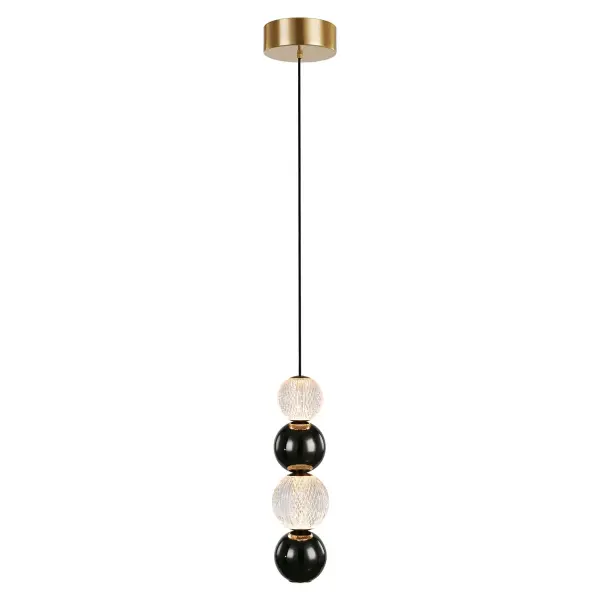 Like gorgeously beaded jewelry, the Onyx collection adds luxury and interest to any design. Meticulously cut spherical shades create glittering beams of illumination throughout the design. Available in Polished Nickel and Natural Brass accompaniments. Collection: Onyx Designer: Ryan Pauly Finish: Natural Brass Glass: Clear Carved Acrylic Width: 4.38" Height: 15.13" Length: 4.38" Wire: 144" Black Canopy: D6" x H2" Maximum Wattage: 11.00 W Bulb Type: LED Light Source: LED Light Output: 700.00 lm Delivered Lumens: 492.00 lm Color Temperature: 3000 K CRI: 90 Rated Average Life: 50,000 Voltage: 120.00 V Material: Steel + Acrylic Country of Origin: China Safety Listing: ETL Safety Rating: Dry LED Manufacturer Warranty: 5 Years Spec Sheet Instructions