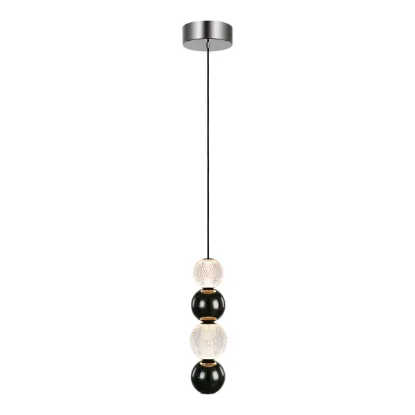 Like gorgeously beaded jewelry, the Onyx collection adds luxury and interest to any design. Meticulously cut spherical shades create glittering beams of illumination throughout the design. Available in Polished Nickel and Natural Brass accompaniments. Collection: Onyx Designer: Ryan Pauly Finish: Polished Nickel Glass: Clear Carved Acrylic Width: 4.38" Height: 15.13" Length: 4.38" Wire: 144" Black Canopy: D6" x H2" Maximum Wattage: 11.00 W Bulb Type: LED Light Source: LED Light Output: 700.00 lm Delivered Lumens: 505.00 lm Color Temperature: 3000 K CRI: 90 Rated Average Life: 50,000 Voltage: 120.00 V Material: Steel + Acrylic Country of Origin: China Safety Listing: ETL Safety Rating: Dry LED Manufacturer Warranty: 5 Years Spec Sheet Instructions