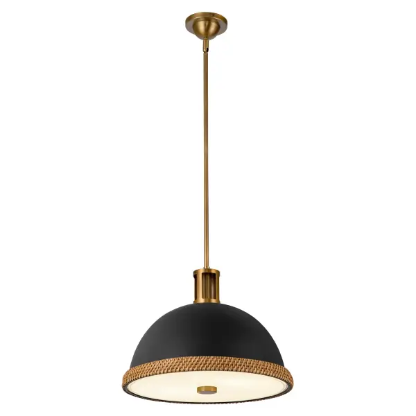 The Doral breathes new life into a classic dome pendant shape. Each Doral pendant is adorned with textural rattan details framing the bottom of their metal silhouettes. At the top, Sterner's stem details continue to amaze with delicate cut-outs. This collection adds freshness and excitement to a space. Collection: Doral Designer: Alan Pepin Finish: Matte Black/Vintage Brass Glass: Frosted Glass Width: 16.38" Height: 12.75" Length: 16.38" Wire: 144" Rod: 46" (3x12" + 1x6" + 1x4") Canopy: D4.5" x H2" Number of Bulbs: 2 Maximum Wattage: 60.00 W Bulb Type: A19 Bulb Base: E26 Voltage: 120.00 V Material: Steel + Glass Country of Origin: China Safety Listing: UL Safety Rating: Dry Manufacturer Warranty: 1 Year Spec Sheet Instructions