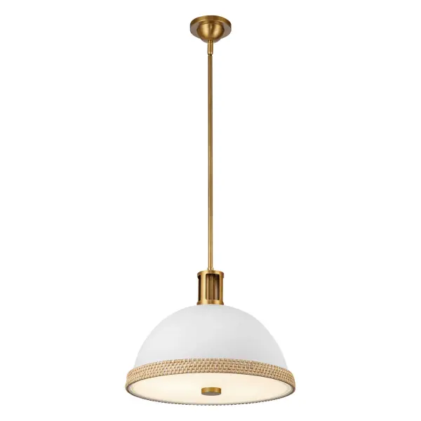 The Doral breathes new life into a classic dome pendant shape. Each Doral pendant is adorned with textural rattan details framing the bottom of their metal silhouettes. At the top, Sterner's stem details continue to amaze with delicate cut-outs. This collection adds freshness and excitement to a space. Collection: Doral Designer: Alan Pepin Finish: Matte White/Vintage Brass Glass: Frosted Glass Width: 16.38" Height: 12.75" Length: 16.38" Wire: 144" Rod: 46" (3x12" + 1x6" + 1x4") Canopy: D4.5" x H2" Number of Bulbs: 2 Maximum Wattage: 60.00 W Bulb Type: A19 Bulb Base: E26 Voltage: 120.00 V Material: Steel + Glass Country of Origin: China Safety Listing: UL Safety Rating: Dry Manufacturer Warranty: 1 Year Spec Sheet Instructions