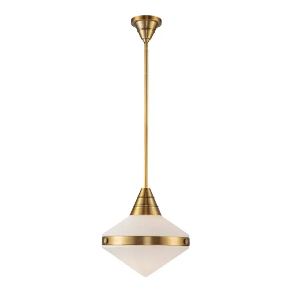 The Willard collection is reminiscent of a cozy English cottage. Strong metal details collide seamlessly with either prismatic or matte opal glass accents to create something timeless yet original. Classic geometry creates stunning silhouettes in any space the Willard is placed. Collection: Willard Designer: Alan Pepin Finish: Vintage Brass/Opal Matte Glass Glass: Matte Opal Glass Width: 13.50" Height: 14.13" Length: 13.50" Wire: 144" Rod: 46" (3x12" + 1x6" + 1x4") Canopy: D5" x H3.25" Number of Bulbs: 1 Maximum Wattage: 60.00 W Bulb Type: A19 Bulb Base: E26 Voltage: 120.00 V Material: Steel + Glass Country of Origin: China Safety Listing: UL Safety Rating: Dry Manufacturer Warranty: 1 Year Spec Sheet Instructions