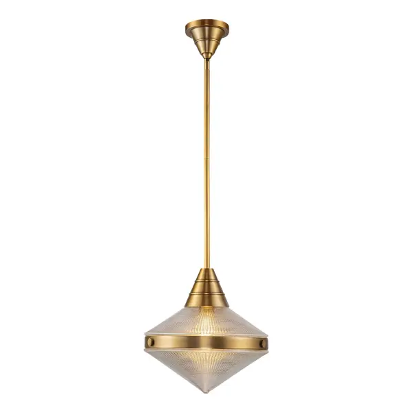 The Willard collection is reminiscent of a cozy English cottage. Strong metal details collide seamlessly with either prismatic or matte opal glass accents to create something timeless yet original. Classic geometry creates stunning silhouettes in any space the Willard is placed. Collection: Willard Designer: Alan Pepin Finish: Vintage Brass/Prismatic Glass Glass: Clear Prismatic Glass Width: 13.50" Height: 14.13" Length: 13.50" Wire: 144" Rod: 46" (3x12" + 1x6" + 1x4") Canopy: D5" x H3.25" Number of Bulbs: 1 Maximum Wattage: 60.00 W Bulb Type: A19 Bulb Base: E26 Voltage: 120.00 V Material: Steel + Glass Country of Origin: China Safety Listing: UL Safety Rating: Dry Manufacturer Warranty: 1 Year Spec Sheet Instructions