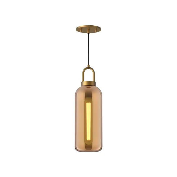 Inspired by traditional Japanese lanterns, the Soji has a timeless silhouette. With many glass and metal-detailing finishes to choose from, it's easy to make the Soji fit your mood. Unique Copper and Smoked Solid glass options create ambiance that changes from day to night with ease, while Clear and Opal Matte glass create a classic statement. Collection: Soji Designer: Ryan Pauly Finish: Aged Gold/Copper Glass Glass: Copper Glass Width: 5.13" Height: 14.88" Length: 5.13" Weight: 2.86 lb Wire: 72" Black Braided Canopy: D4.75" x H0.375" Number of Bulbs: 1 Maximum Wattage: 60.00 W Bulb Type: T Bulb Base: E26 Voltage: 120.00 V Material: Steel + Glass Country of Origin: China Safety Listing: UL Safety Rating: Dry Manufacturer Warranty: 1 Year Spec Sheet Instructions