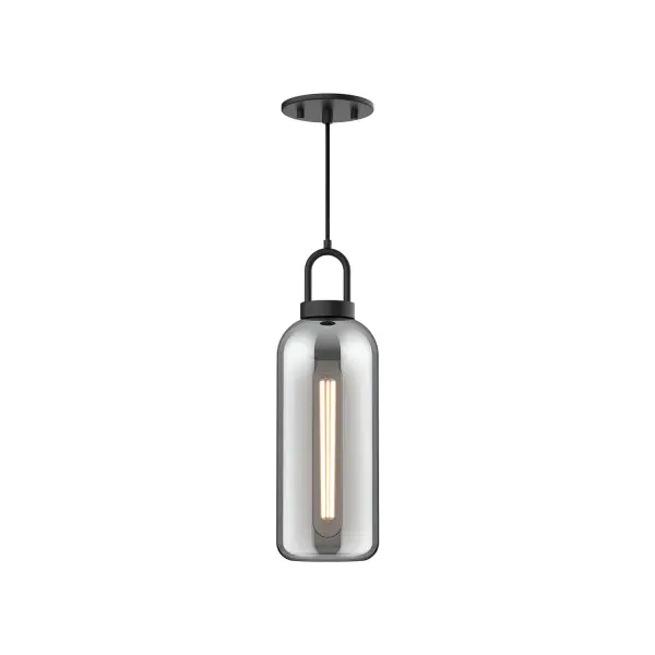 Inspired by traditional Japanese lanterns, the Soji has a timeless silhouette. With many glass and metal-detailing finishes to choose from, it's easy to make the Soji fit your mood. Unique Copper and Smoked Solid glass options create ambiance that changes from day to night with ease, while Clear and Opal Matte glass create a classic statement. Collection: Soji Designer: Ryan Pauly Finish: Matte Black/Smoked Solid Glass Glass: Smoked Glass Width: 5.13" Height: 14.88" Length: 5.13" Weight: 2.86 lb Wire: 72" Black Braided Canopy: D4.75" x H0.375" Number of Bulbs: 1 Maximum Wattage: 60.00 W Bulb Type: T Bulb Base: E26 Voltage: 120.00 V Material: Steel + Glass Country of Origin: China Safety Listing: UL Safety Rating: Dry Manufacturer Warranty: 1 Year Spec Sheet Instructions