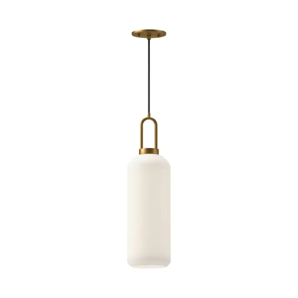 Inspired by traditional Japanese lanterns, the Soji has a timeless silhouette. With many glass and metal-detailing finishes to choose from, it's easy to make the Soji fit your mood. Unique Copper and Smoked Solid glass options create ambiance that changes from day to night with ease, while Clear and Opal Matte glass create a classic statement. Collection: Soji Designer: Ryan Pauly Finish: Aged Gold/Opal Matte Glass Glass: Matte Opal Glass Width: 6.00" Height: 20.75" Length: 6.00" Wire: 72" Black Braided Canopy: D4.75" x H0.375" Number of Bulbs: 1 Maximum Wattage: 60.00 W Bulb Type: T Bulb Base: E26 Voltage: 120.00 V Material: Steel + Glass Country of Origin: China Safety Listing: UL Safety Rating: Dry Manufacturer Warranty: 1 Year Spec Sheet Instructions