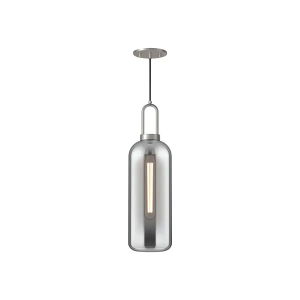 Inspired by traditional Japanese lanterns, the Soji has a timeless silhouette. With many glass and metal-detailing finishes to choose from, it's easy to make the Soji fit your mood. Unique Copper and Smoked Solid glass options create ambiance that changes from day to night with ease, while Clear and Opal Matte glass create a classic statement. Collection: Soji Designer: Ryan Pauly Finish: Brushed Nickel/Smoked Solid Glass Glass: Smoked Glass Width: 6.00" Height: 20.75" Length: 6.00" Weight: 3.30 lb Wire: 72" Black Braided Canopy: D4.75" x H0.375" Number of Bulbs: 1 Maximum Wattage: 60.00 W Bulb Type: T Bulb Base: E26 Voltage: 120.00 V Material: Steel + Glass Country of Origin: China Safety Listing: UL Safety Rating: Dry Manufacturer Warranty: 1 Year Spec Sheet Instructions