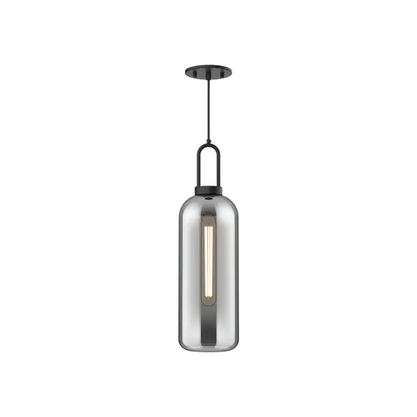Inspired by traditional Japanese lanterns, the Soji has a timeless silhouette. With many glass and metal-detailing finishes to choose from, it's easy to make the Soji fit your mood. Unique Copper and Smoked Solid glass options create ambiance that changes from day to night with ease, while Clear and Opal Matte glass create a classic statement. Collection: Soji Designer: Ryan Pauly Finish: Matte Black/Smoked Solid Glass Glass: Smoked Glass Width: 6.00" Height: 20.75" Length: 6.00" Weight: 3.30 lb Wire: 72" Black Braided Canopy: D4.75" x H0.375" Number of Bulbs: 1 Maximum Wattage: 60.00 W Bulb Type: T Bulb Base: E26 Voltage: 120.00 V Material: Steel + Glass Country of Origin: China Safety Listing: UL Safety Rating: Dry Manufacturer Warranty: 1 Year Spec Sheet Instructions