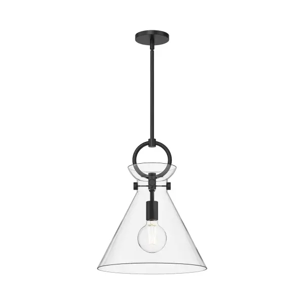 From a cozy cottage to an artfully eclectic space, the Emerson transforms to fit any mood. With handsome metallic details and five unique shade shapes to choose from, this collection provides endless inspiration. Mix and match this collection to fit your mood with hardware, shade, and mixed metal finish options. Collection: Emerson Designer: Alan Pepin Finish: Matte Black/Clear Glass Glass: Clear Glass Width: 14.00" Height: 17.00" Length: 14.00" Rod: 46" (3x12" + 1x6" + 1x4") Canopy: D4.625" x H0.625" Number of Bulbs: 1 Maximum Wattage: 60.00 W Bulb Type: A19 Bulb Base: E26 Voltage: 120.00 V Material: Steel + Glass Country of Origin: China Safety Listing: UL Safety Rating: Dry Manufacturer Warranty: 1 Year Spec Sheet Instructions
