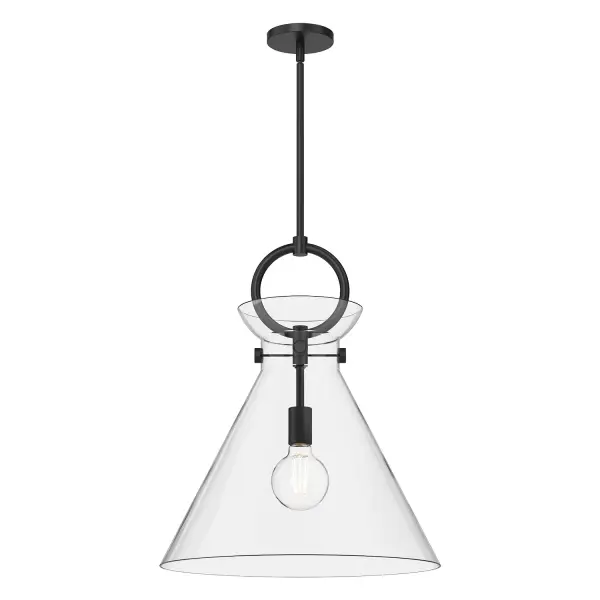 From a cozy cottage to an artfully eclectic space, the Emerson transforms to fit any mood. With handsome metallic details and five unique shade shapes to choose from, this collection provides endless inspiration. Mix and match this collection to fit your mood with hardware, shade, and mixed metal finish options. Collection: Emerson Designer: Alan Pepin Finish: Matte Black/Clear Glass Glass: Clear Glass Width: 18.00" Height: 21.75" Length: 18.00" Rod: 46" (3x12" + 1x6" + 1x4") Canopy: D4.625" x H0.625" Number of Bulbs: 1 Maximum Wattage: 60.00 W Bulb Type: A19 Bulb Base: E26 Voltage: 120.00 V Material: Steel + Glass Country of Origin: China Safety Listing: UL Safety Rating: Dry Manufacturer Warranty: 1 Year Spec Sheet Instructions