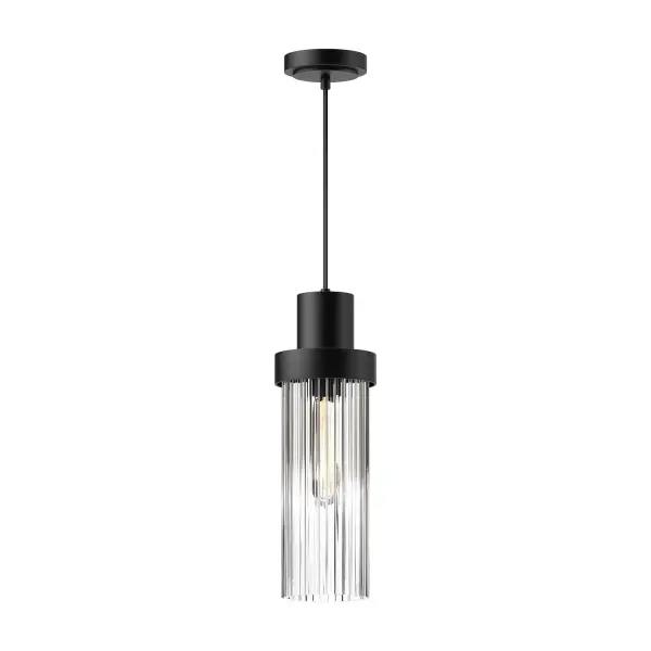 Kent features the class and elegance of London in the 1940s. This collection flaunts elegantly fluted glass and a top-hat-inspired metal accompaniment available in three stunning finishes. Collection: Kent Designer: Alan Pepin Finish: Clear Ribbed Glass/Matte Black Glass: Clear Ribbed Glass Width: 5.00" Height: 14.75" Length: 5.00" Weight: 2.42 lb Wire: 72" Black Braided Canopy: D4.75" x H1" Number of Bulbs: 1 Maximum Wattage: 60.00 W Bulb Type: T Bulb Base: E26 Voltage: 120.00 V Material: Steel + Glass Country of Origin: China Safety Listing: UL Safety Rating: Dry Manufacturer Warranty: 1 Year Spec Sheet Instructions