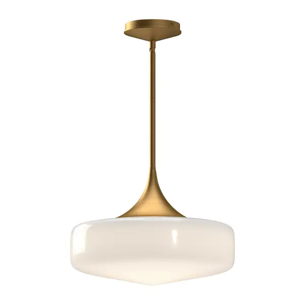 Taking cues from familiar and inviting spaces of old, the Lincoln is sure to captivate. The Lincoln's shape is inspired by schoolhouse fixtures made iconic in the 1940s and 50s, plus a touch of modern sensibility. The Glossy Opal glass shade is ample in size and adorned with organically curved metallic details. Collection: Lincoln Designer: Alan Pepin Finish: Aged Gold/Glossy Opal Glass Glass: Glossy Opal Glass Width: 14.00" Height: 10.00" Length: 14.00" Weight: 6.17 lb Wire: 60" Rod: 46" (3x12" + 1x6" + 1x4") Canopy: D5" x H1.5" Number of Bulbs: 1 Maximum Wattage: 60.00 W Bulb Type: A19 Bulb Base: E26 Voltage: 120.00 V Material: Steel + Glass Country of Origin: China Safety Listing: UL Safety Rating: Dry Manufacturer Warranty: 1 Year Spec Sheet Instructions