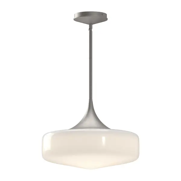 Taking cues from familiar and inviting spaces of old, the Lincoln is sure to captivate. The Lincoln's shape is inspired by schoolhouse fixtures made iconic in the 1940s and 50s, plus a touch of modern sensibility. The Glossy Opal glass shade is ample in size and adorned with organically curved metallic details. Collection: Lincoln Designer: Alan Pepin Finish: Brushed Nickel/Glossy Opal Glass Glass: Glossy Opal Glass Width: 14.00" Height: 10.00" Length: 14.00" Weight: 6.17 lb Wire: 60" Rod: 46" (3x12" + 1x6" + 1x4") Canopy: D5" x H1.5" Number of Bulbs: 1 Maximum Wattage: 60.00 W Bulb Type: A19 Bulb Base: E26 Voltage: 120.00 V Material: Steel + Glass Country of Origin: China Safety Listing: UL Safety Rating: Dry Manufacturer Warranty: 1 Year Spec Sheet Instructions