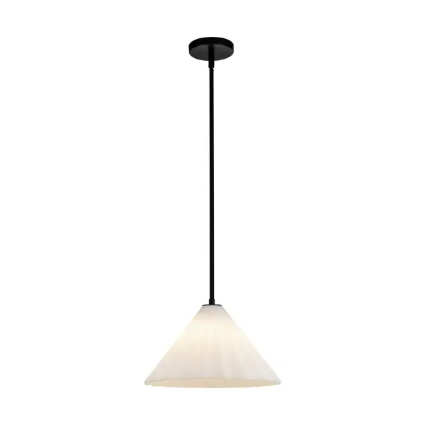 The Serena collection is a melding of contemporary design and timeless fashion. As light emanates from within, the pleated glass creates a soft, diffused illumination. Whether gracing a modern dining room or enhancing the ambiance of a chic living space, Serena brings an air of sophistication and style. Collection: Serena Designer: Alan Pepin Finish: Matte Black/Opal Glass Glass: Matte Opal Glass Width: 13.63" Height: 8.25" Length: 13.63" Rod: 46" (3x12" + 1x6" + 1x4") Canopy: D4.75" x H0.875" Number of Bulbs: 1 Maximum Wattage: 60.00 W Bulb Type: A19 Bulb Base: E26 Voltage: 120.00 V Material: Steel + Glass Country of Origin: China Safety Listing: UL Safety Rating: Dry Spec Sheet Instructions