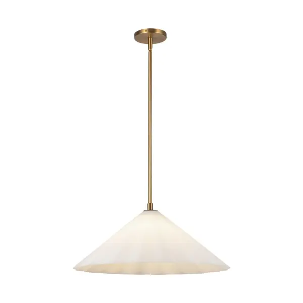 The Serena collection is a melding of contemporary design and timeless fashion. As light emanates from within, the pleated glass creates a soft, diffused illumination. Whether gracing a modern dining room or enhancing the ambiance of a chic living space, Serena brings an air of sophistication and style. Collection: Serena Designer: Alan Pepin Finish: Aged Gold/Opal Glass Glass: Matte Opal Glass Width: 20.50" Height: 8.25" Length: 20.50" Rod: 46" (3x12" + 1x6" + 1x4") Canopy: D4.75" x H0.875" Number of Bulbs: 1 Maximum Wattage: 60.00 W Bulb Type: A19 Bulb Base: E26 Voltage: 120.00 V Material: Steel + Glass Country of Origin: China Safety Listing: UL Safety Rating: Dry Spec Sheet Instructions