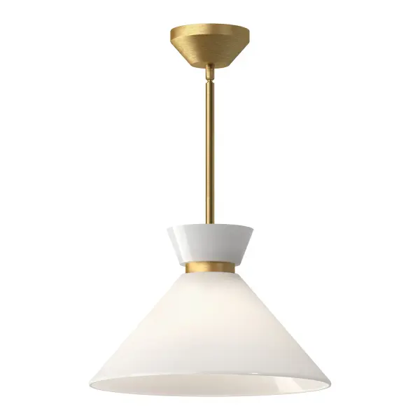 Inspired by the classic silhouettes of 1950s formal wear, the Halston inspires by mixing vintage with modern. Decorative glossy opal shades create ambiance and are pulled together with dainty metallic details. Add a touch of timeless couture to your space with this stunning collection. Collection: Halston Designer: Alan Pepin Finish: Brushed Gold/Glossy Opal Glass Glass: Glossy Opal Glass Width: 14.13" Height: 9.00" Length: 14.13" Weight: 5.24 lb Wire: 60" Rod: 46" (3x12" + 1x6" + 1x4") Canopy: D4.625" x H2" Number of Bulbs: 1 Maximum Wattage: 60.00 W Bulb Type: A19 Bulb Base: E26 Voltage: 120.00 V Material: Steel + Glass Country of Origin: China Safety Listing: UL Safety Rating: Dry Manufacturer Warranty: 1 Year Spec Sheet Instructions
