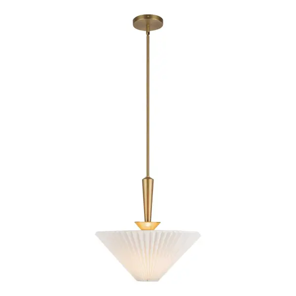 Introducing the Bridgette collection, where simplicity meets creativity in lighting! These fixtures feature striking triangular silhouettes and come in a variety of shades, so you can choose the perfect one to match your style. They'll add a pop of color and personality to any room. Collection: Bridgette Designer: Peyton Fox Finish: Brushed Gold/Folded White Glass: White Acrylic Diffuser Width: 16.38" Height: 16.50" Length: 16.38" Wire: 60" Rod: 46" (3x12" + 1x6" + 1x4") Canopy: D5.125" x H0.875" Number of Bulbs: 1 Maximum Wattage: 60.00 W Bulb Type: A19 Bulb Base: E26 Voltage: 120.00 V Material: Steel + Linen Country of Origin: China Safety Listing: UL Safety Rating: Dry Spec Sheet Instructions