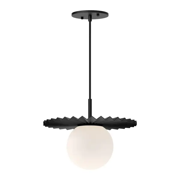 Taking notes from Paris Fashion Week, the Plume Collection exudes couture quality. With a pleated decorative disk and ample-sized Opal Matte glass globe, this collection is upbeat and stylish. Collection: Plume Finish: Matte Black/Opal Matte Glass Glass: Matte Opal Glass Width: 11.88" Height: 9.63" Length: 11.88" Weight: 2.86 lb Wire: 72" Black Braided Canopy: D4.75" x H0.375" Number of Bulbs: 1 Maximum Wattage: 60.00 W Bulb Type: A15 Bulb Base: E26 Voltage: 120.00 V Material: Steel + Glass Country of Origin: China Safety Listing: UL Safety Rating: Dry Manufacturer Warranty: 1 Year Spec Sheet Instructions