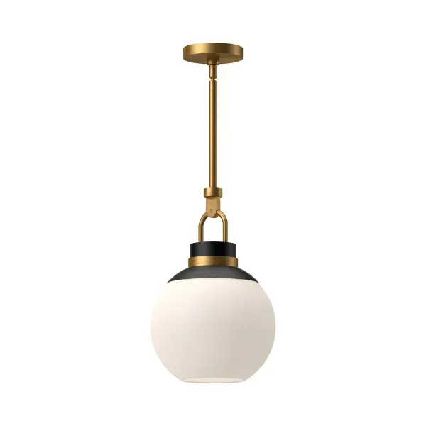 Discover the magical details that encompass the Copperfield collection. With details inspired by a magician's top hat, this collection adds whimsy to any design while remaining timeless. Mix up the style of this pendant collection with the options of Opal Matte glass or Clear glass shades. Collection: Copperfield Designer: Ryan Pauly Finish: Aged Gold/Opal Matte Glass Glass: Matte Opal Glass Width: 11.88" Height: 18.38" Length: 11.88" Weight: 8.81 lb Wire: 60" Rod: 46" (3x12" + 1x6" + 1x4") Canopy: D5.75" x H1" Number of Bulbs: 1 Maximum Wattage: 60.00 W Bulb Type: A19 Bulb Base: E26 Voltage: 120.00 V Material: Steel + Glass Country of Origin: China Safety Listing: UL Safety Rating: Dry Manufacturer Warranty: 1 Year Spec Sheet Instructions