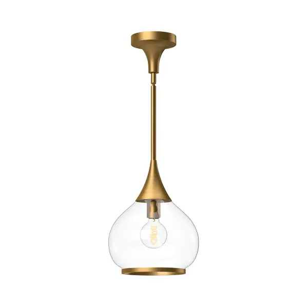 Hazel is inspired by vintage apothecary bottles of the early-1900s. With a flowing, curvy opal or clear glass shade and dainty metal accents, this collection is perfectly poised to fit your home's unique mood. Collection: Hazel Designer: Alan Pepin Finish: Aged Gold/Clear Glass Glass: Clear Glass Width: 10.13" Height: 12.75" Length: 10.13" Weight: 4.62 lb Wire: 60" Rod: 46" (3x12" + 1x6" + 1x4") Canopy: D5.125" x H4.25" Number of Bulbs: 1 Maximum Wattage: 60.00 W Bulb Type: A19 Bulb Base: E26 Voltage: 120.00 V Material: Steel + Glass Country of Origin: China Safety Listing: UL Safety Rating: Dry Manufacturer Warranty: 1 Year Spec Sheet Instructions