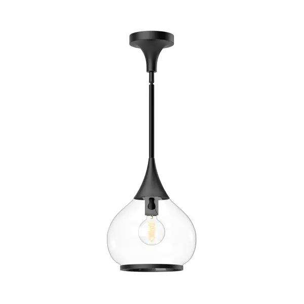 Hazel is inspired by vintage apothecary bottles of the early-1900s. With a flowing, curvy opal or clear glass shade and dainty metal accents, this collection is perfectly poised to fit your home's unique mood. Collection: Hazel Designer: Alan Pepin Finish: Clear Glass/Matte Black Glass: Clear Glass Width: 10.13" Height: 12.75" Length: 10.13" Weight: 4.62 lb Wire: 60" Rod: 46" (3x12" + 1x6" + 1x4") Canopy: D5.125" x H4.25" Number of Bulbs: 1 Maximum Wattage: 60.00 W Bulb Type: A19 Bulb Base: E26 Voltage: 120.00 V Material: Steel + Glass Country of Origin: China Safety Listing: UL Safety Rating: Dry Manufacturer Warranty: 1 Year Spec Sheet Instructions