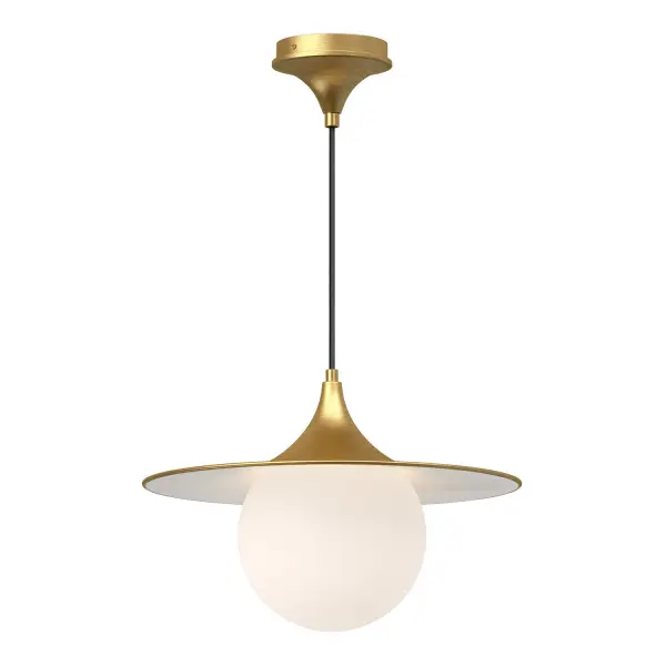 Inspired by historical paintings and drawings of Mount Fuji, the Fuji collection features a unique and organic triangle shade. Adorned with a decorative globe of opal glass and finished in multiple finishes, this collection is sure to spark calmness in your space. Collection: Fuji Designer: Alan Pepin Finish: Brushed Gold/Opal Matte Glass Glass: Matte Opal Glass Width: 15.75" Height: 11.13" Length: 15.75" Weight: 2.09 lb Wire: 72" Black Braided Canopy: D5.125" x H3" Number of Bulbs: 1 Maximum Wattage: 60.00 W Bulb Type: A19 Bulb Base: E26 Voltage: 120.00 V Material: Steel + Glass Country of Origin: China Safety Listing: UL Safety Rating: Dry Manufacturer Warranty: 1 Year Spec Sheet Instructions