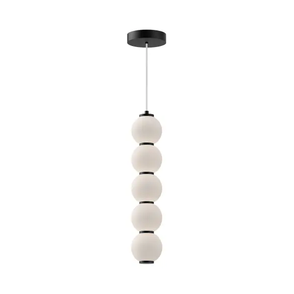 Simple geometric elements come together in harmony to create the Bijou Collection. Inspired by dangling earrings and trendy beaded bracelets, this collection takes simple elements to an elegant level. Choose a pattern that fits your mood from our three unique configurations. Collection: Bijou Designer: Ryan Pauly Finish: Matte Black/Opal Matte Glass Glass: Matte Opal Glass Width: 4.38" Height: 21.25" Length: 4.38" Wire: 72" Clear SSL Canopy: D5.625" x H1.25" Maximum Wattage: 20.00 W Light Source: LED Light Output: 2100.00 lm Delivered Lumens: 1813.00 lm Color Temperature: 3000 K CRI: 90 Rated Average Life: 50,000 Voltage: 120.00 V Material: Steel + Glass Country of Origin: China Safety Listing: ETL Safety Rating: Dry Title 24 LED Spec Sheet Instructions