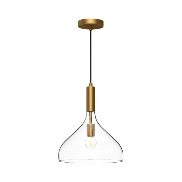 The Belleview collection features stunning, timeless elements sure to complement the mood of your home. With genie-bottle-shaped clear glass and striking metal details, this collection fits into any style seamlessly. Collection: Belleview Designer: Alan Pepin Finish: Aged Gold/Clear Glass Glass: Clear Glass Width: 11.88" Height: 14.25" Length: 11.88" Weight: 4.18 lb Wire: 72" Black Braided Canopy: D4.75" x H1" Number of Bulbs: 1 Maximum Wattage: 60.00 W Bulb Type: A19 Bulb Base: E26 Voltage: 120.00 V Material: Steel + Glass Country of Origin: China Safety Listing: UL Safety Rating: Dry Manufacturer Warranty: 1 Year Spec Sheet Instructions