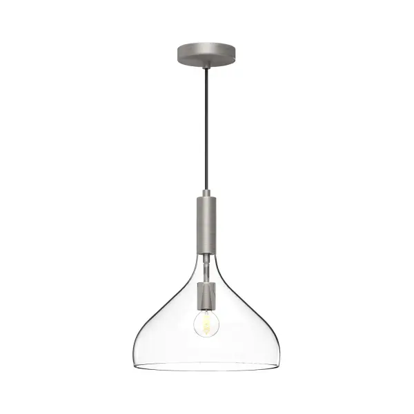 The Belleview collection features stunning, timeless elements sure to complement the mood of your home. With genie-bottle-shaped clear glass and striking metal details, this collection fits into any style seamlessly. Collection: Belleview Designer: Alan Pepin Finish: Brushed Nickel/Clear Glass Glass: Clear Glass Width: 11.88" Height: 14.25" Length: 11.88" Weight: 4.18 lb Wire: 72" Black Braided Canopy: D4.75" x H1" Number of Bulbs: 1 Maximum Wattage: 60.00 W Bulb Type: A19 Bulb Base: E26 Voltage: 120.00 V Material: Steel + Glass Country of Origin: China Safety Listing: UL Safety Rating: Dry Manufacturer Warranty: 1 Year Spec Sheet Instructions