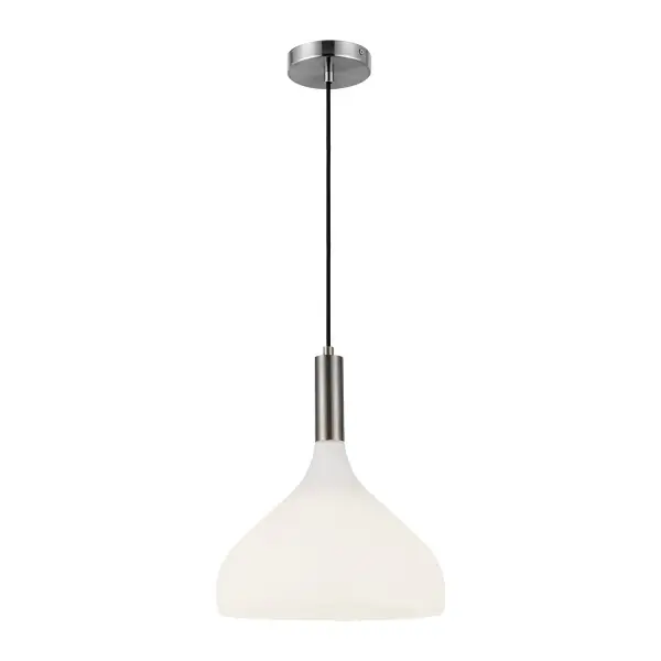 The Belleview collection features stunning, timeless elements sure to complement the mood of your home. With genie-bottle-shaped clear glass and striking metal details, this collection fits into any style seamlessly. Collection: Belleview Designer: Alan Pepin Finish: Brushed Nickel/Opal Glass Glass: Matte Opal Glass Width: 11.88" Height: 14.25" Length: 11.88" Wire: 72" Black Braided Canopy: D4.75" x H1" Number of Bulbs: 1 Maximum Wattage: 60.00 W Bulb Type: A19 Bulb Base: E26 Voltage: 120.00 V Material: Steel + Glass Country of Origin: China Safety Listing: UL Safety Rating: Dry Spec Sheet Instructions