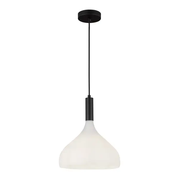 The Belleview collection features stunning, timeless elements sure to complement the mood of your home. With genie-bottle-shaped clear glass and striking metal details, this collection fits into any style seamlessly. Collection: Belleview Designer: Alan Pepin Finish: Matte Black/Opal Glass Glass: Matte Opal Glass Width: 11.88" Height: 14.25" Length: 11.88" Wire: 72" Black Braided Canopy: D4.75" x H1" Number of Bulbs: 1 Maximum Wattage: 60.00 W Bulb Type: A19 Bulb Base: E26 Voltage: 120.00 V Material: Steel + Glass Country of Origin: China Safety Listing: UL Safety Rating: Dry Spec Sheet Instructions