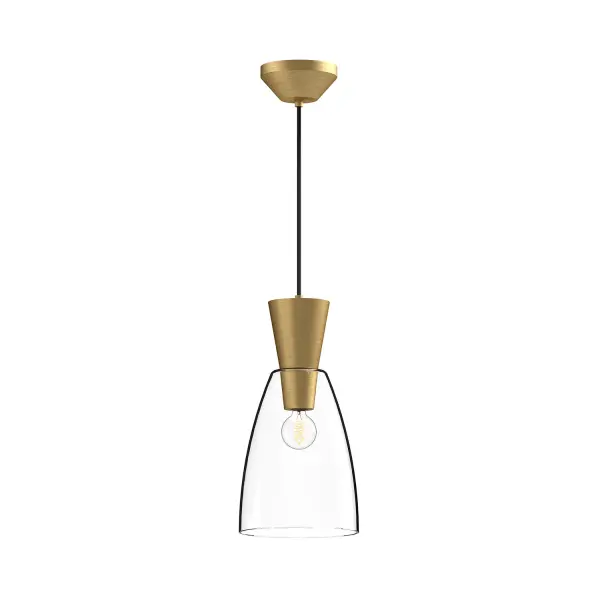 Inspired by 1950s silhouettes from Parisian runways, the Arlo Collection features timeless elements mixed with modern sensibilities. Arlo is composed of a geometric, "hourglass" figure combining luxe metallic embellishments and stunning clear glass shades. While remaining timeless and simple, this collection is sure to bring couture style to your space. Collection: Arlo Finish: Brushed Gold/Clear Glass Glass: Clear Glass Width: 7.00" Height: 14.00" Length: 7.00" Weight: 3.74 lb Wire: 72" Black Braided Canopy: D4.625" x H2" Number of Bulbs: 1 Maximum Wattage: 60.00 W Bulb Type: A19 Bulb Base: E26 Voltage: 120.00 V Material: Aluminum + Glass Country of Origin: China Safety Listing: UL Safety Rating: Dry Manufacturer Warranty: 1 Year Spec Sheet Instructions