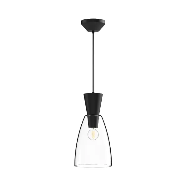 Inspired by 1950s silhouettes from Parisian runways, the Arlo Collection features timeless elements mixed with modern sensibilities. Arlo is composed of a geometric, "hourglass" figure combining luxe metallic embellishments and stunning clear glass shades. While remaining timeless and simple, this collection is sure to bring couture style to your space. Collection: Arlo Finish: Clear Glass/Matte Black Glass: Clear Glass Width: 7.00" Height: 14.00" Length: 7.00" Weight: 3.74 lb Wire: 72" Black Braided Canopy: D4.625" x H2" Number of Bulbs: 1 Maximum Wattage: 60.00 W Bulb Type: A19 Bulb Base: E26 Voltage: 120.00 V Material: Aluminum + Glass Country of Origin: China Safety Listing: UL Safety Rating: Dry Manufacturer Warranty: 1 Year Spec Sheet Instructions