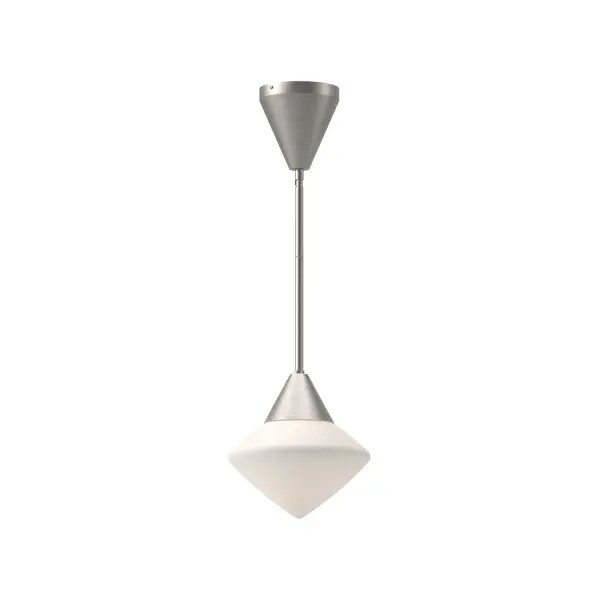 A modern take on schoolhouse fixtures adorning public spaces in the 1950s, meet the Nora collection. This collection is designed with a unique star silhouette molded from Opal Matte glass surrounded by vintage-inspired metallic elements. Collection: Nora Designer: Alan Pepin Finish: Brushed Nickel/Opal Matte Glass Glass: Matte Opal Glass Width: 8.00" Height: 8.38" Length: 8.00" Weight: 3.83 lb Wire: 60" Rod: 46" (3x12" + 1x6" + 1x4") Canopy: D4.625" x H4.75" Number of Bulbs: 1 Maximum Wattage: 60.00 W Bulb Type: A19 Bulb Base: E26 Voltage: 120.00 V Material: Steel + Glass Country of Origin: China Safety Listing: UL Safety Rating: Dry Manufacturer Warranty: 1 Year Spec Sheet Instructions
