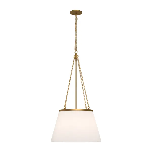 Transport yourself back in time to the most exclusive club in 1920s New York City with the classic Speakeasy pendant. With a white linen empire shade wrapped around a classically forged metallic hub, this collection will add the perfect amount of elegant ambiance to your space. Collection: Speakeasy Designer: Alan Pepin Finish: Aged Gold/White Linen Glass: White Linen Shade Width: 18.00" Height: 32.50" Length: 18.00" Weight: 7.05 lb Wire: 84" Black Canopy: D4.75" x H0.375" Number of Bulbs: 1 Maximum Wattage: 60.00 W Bulb Type: A19 Bulb Base: E26 Voltage: 120.00 V Material: Steel + Linen Country of Origin: China Safety Listing: UL Safety Rating: Dry Manufacturer Warranty: 1 Year Spec Sheet Instructions