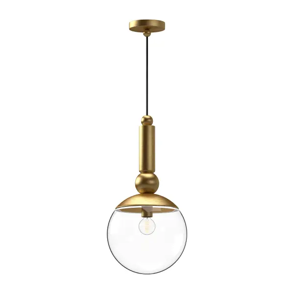 Want to add a pop of sculptural art to your space? Look no further than Delilah. Inspired by dainty beaded earrings, these pendants feature stacked geometrics creating a totally unique look. Topped with a clear glass globe, this collection is sure to be a conversation starter in any design. Collection: Delilah Designer: Alan Pepin Finish: Brushed Gold/Clear Glass Glass: Clear Glass Width: 9.88" Height: 20.25" Length: 9.88" Weight: 5.29 lb Wire: 72" Black Braided Canopy: D4.75" x E0.875" Number of Bulbs: 1 Maximum Wattage: 60.00 W Bulb Type: A19 Bulb Base: E26 Voltage: 120.00 V Material: Steel + Glass Country of Origin: China Safety Listing: UL Safety Rating: Dry Manufacturer Warranty: 1 Year Spec Sheet Instructions