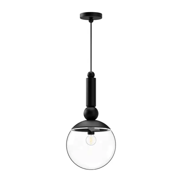 Want to add a pop of sculptural art to your space? Look no further than Delilah. Inspired by dainty beaded earrings, these pendants feature stacked geometrics creating a totally unique look. Topped with a clear glass globe, this collection is sure to be a conversation starter in any design. Collection: Delilah Designer: Alan Pepin Finish: Clear Glass/Matte Black Glass: Clear Glass Width: 9.88" Height: 20.25" Length: 9.88" Weight: 5.29 lb Wire: 72" Black Braided Canopy: D4.75" x E0.875" Number of Bulbs: 1 Maximum Wattage: 60.00 W Bulb Type: A19 Bulb Base: E26 Voltage: 120.00 V Material: Steel + Glass Country of Origin: China Safety Listing: UL Safety Rating: Dry Manufacturer Warranty: 1 Year Spec Sheet Instructions