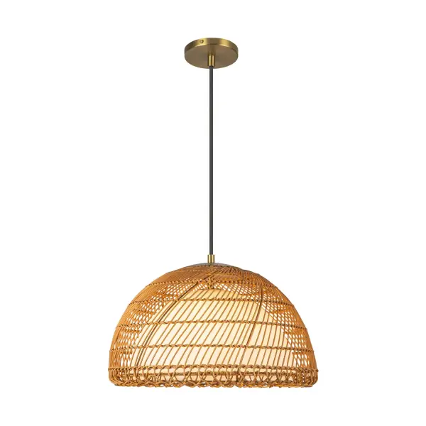 Bondi's bold, luminous forms draw inspiration from ocean sunsets, casting a soft glow and enchanting patterns that mimic the shifting sands and waves. When illuminated, the warm cast given by the natural rattan shade and diffuser creates a mesmerizing display, infusing your outdoor or indoor sanctuary with a sense of tranquility. Collection: Bondi Designer: Alan Pepin Finish: Brushed Gold/Opal Glass: Rattan Shade Width: 16.13" Height: 9.38" Length: 16.13" Wire: 72" Black Braided Canopy: D4.625" x H0.625" Number of Bulbs: 1 Maximum Wattage: 60.00 W Bulb Type: A19 Bulb Base: E26 Voltage: 120.00 V Material: Steel + Rattan Country of Origin: China Safety Listing: UL Safety Rating: Damp Spec Sheet Instructions