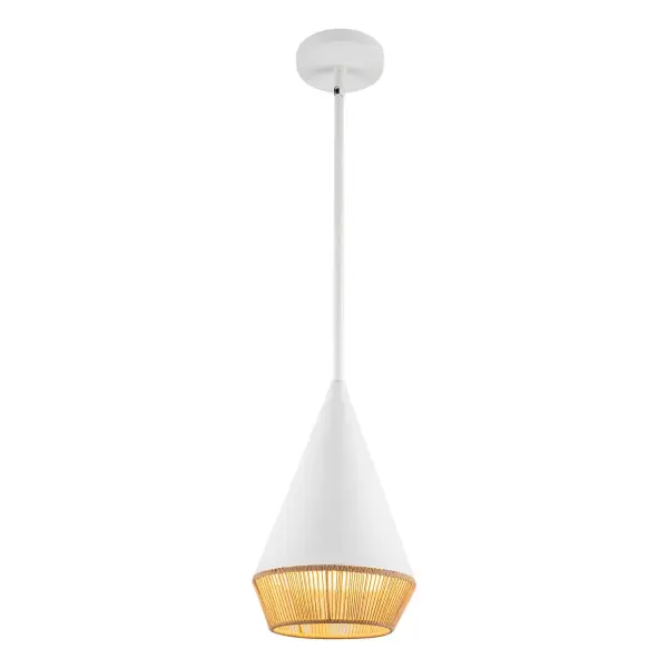The playful geometric shapes in the Daphne collection offer a Japanese-inspired twist on mid-century design, presenting a symphony of angles, lines, and dimension. Each piece is crafted with metal bodies and natural rope accents not only illuminate your outdoor or indoor space, but also to serve as a striking centerpiece. Collection: Daphne Designer: Alan Pepin Finish: White/Brown Cotton Rope Glass: Steel Shade Width: 7.13" Height: 11.38" Length: 7.13" Rod: 46" (3x12" + 1x6" + 1x4") Canopy: D4.625" x H0.875" Number of Bulbs: 1 Maximum Wattage: 60.00 W Bulb Type: A19 Bulb Base: E26 Voltage: 120.00 V Material: Steel + Rope Country of Origin: China Safety Listing: UL Safety Rating: Damp Spec Sheet Instructions