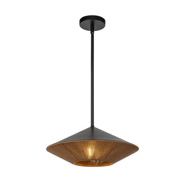 The playful geometric shapes in the Daphne collection offer a Japanese-inspired twist on mid-century design, presenting a symphony of angles, lines, and dimension. Each piece is crafted with metal bodies and natural rope accents not only illuminate your outdoor or indoor space, but also to serve as a striking centerpiece. Collection: Daphne Designer: Alan Pepin Finish: Matte Black/Brown Cotton Rope Glass: Steel Shade Width: 15.00" Height: 6.25" Length: 15.00" Rod: 46" (3x12" + 1x6" + 1x4") Canopy: D4.625" x H0.875" Number of Bulbs: 1 Maximum Wattage: 60.00 W Bulb Type: A19 Bulb Base: E26 Voltage: 120.00 V Material: Steel + Rope Country of Origin: China Safety Listing: UL Safety Rating: Damp Spec Sheet Instructions