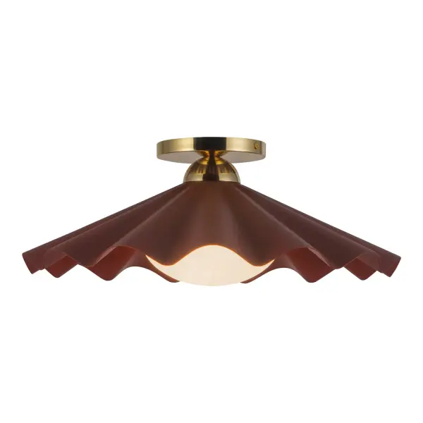 Inspired by the Tridacna gigas: the world's largest clam and source of the most extraordinary pearls. This collection celebrates the beauty of rarity and reveal. Oblong, pearl-like opal glass diffusers rest atop ruffled metal "shells," painted in rich hues of burgundy, pine green, and dusty peach. The forms echo the ancient shell game, a dance of deception and discovery, where anticipation meets allure. Select pieces, including the table lamp, floor lamp, and wall sconce, incorporate deep walnut wood, adding warmth, texture, and timeless sophistication to the collection's sculptural elegance. Collection: Furrow Designer: Jason Koharik Finish: Burgundy Glass: Matte Opal Glass Width: 16.00" Height: 6.25" Weight: 8.07 lb Canopy: D4.75" x H0.625" Number of Bulbs: 1 Maximum Wattage: 60.00 W Bulb Base: E12 Candelabra Voltage: 120.00 V Material: Steel + Brass + Glass Country of Origin: China Safety Listing: UL Safety Rating: Dry Spec Sheet Instructions