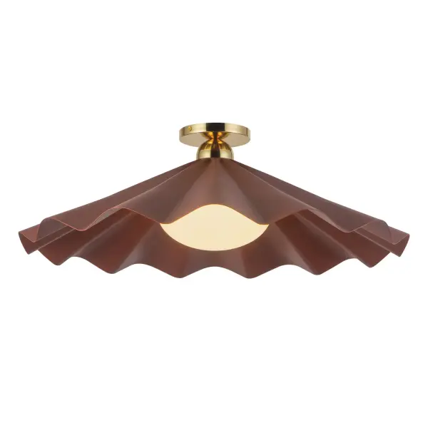 Inspired by the Tridacna gigas: the world's largest clam and source of the most extraordinary pearls. This collection celebrates the beauty of rarity and reveal. Oblong, pearl-like opal glass diffusers rest atop ruffled metal "shells," painted in rich hues of burgundy, pine green, and dusty peach. The forms echo the ancient shell game, a dance of deception and discovery, where anticipation meets allure. Select pieces, including the table lamp, floor lamp, and wall sconce, incorporate deep walnut wood, adding warmth, texture, and timeless sophistication to the collection's sculptural elegance. Collection: Furrow Designer: Jason Koharik Finish: Burgundy Glass: Matte Opal Glass Width: 25.00" Height: 8.63" Weight: 15.32 lb Canopy: D4.75" x H0.625" Number of Bulbs: 1 Maximum Wattage: 60.00 W Bulb Type: A19 Bulb Base: E26 Voltage: 120.00 V Material: Steel + Brass + Glass Country of Origin: China Safety Listing: UL Safety Rating: Dry Spec Sheet Instructions