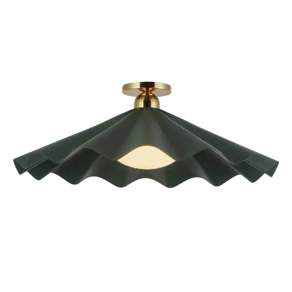 Inspired by the Tridacna gigas: the world's largest clam and source of the most extraordinary pearls. This collection celebrates the beauty of rarity and reveal. Oblong, pearl-like opal glass diffusers rest atop ruffled metal "shells," painted in rich hues of burgundy, pine green, and dusty peach. The forms echo the ancient shell game, a dance of deception and discovery, where anticipation meets allure. Select pieces, including the table lamp, floor lamp, and wall sconce, incorporate deep walnut wood, adding warmth, texture, and timeless sophistication to the collection's sculptural elegance. Collection: Furrow Designer: Jason Koharik Finish: Pine Green Glass: Matte Opal Glass Width: 25.00" Height: 8.63" Weight: 15.32 lb Canopy: D4.75" x H0.625" Number of Bulbs: 1 Maximum Wattage: 60.00 W Bulb Type: A19 Bulb Base: E26 Voltage: 120.00 V Material: Steel + Brass + Glass Country of Origin: China Safety Listing: UL Safety Rating: Dry Spec Sheet Instructions