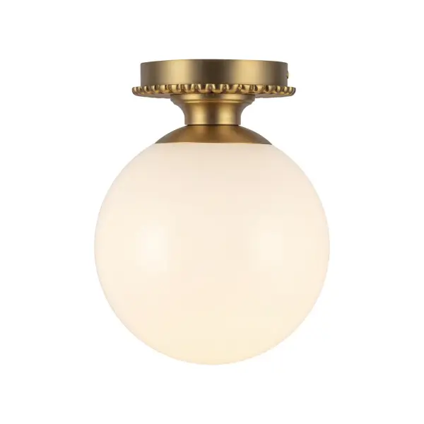 The Otis lighting collection is like a trip back in time to the vibrant Moroccan designs of the past. With its simple yet elegant look, it's like having a piece of vintage charm in your own home. The unique canopy details make it feel like a treasure chest, adding a touch of global flair to any room. But don't worry, it's still super timeless, so it'll never go out of style. Collection: Otis Designer: Haejung Ro Finish: Brushed Gold/Glossy Opal Glass Glass: Glossy Opal Glass Width: 7.88" Height: 9.75" Length: 7.88" Canopy: D5.625" x H1" Number of Bulbs: 1 Maximum Wattage: 60.00 W Bulb Type: A19 Bulb Base: E26 Voltage: 120.00 V Material: Steel + Glass Country of Origin: China Safety Listing: UL Safety Rating: Dry Spec Sheet
