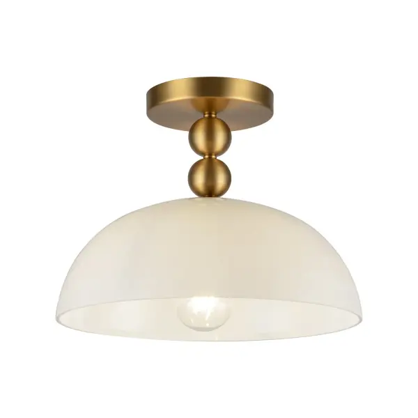 The Paisley lighting collection is a real showstopper! With its semi-flush design and stack of decorative metal beads that look like vintage earrings, it's got a touch of elegance and a playful vibe. And the glossy glass dome shade adds a modern twist, making it a must-have for any room. Collection: Paisley Designer: Haejung Ro Finish: Brushed Gold/Glossy Opal Glass Glass: Glossy Opal Glass Width: 11.88" Height: 9.50" Length: 11.88" Canopy: D5.125" x H0.875" Number of Bulbs: 1 Maximum Wattage: 60.00 W Bulb Type: A19 Bulb Base: E26 Voltage: 120.00 V Material: Steel + Glass Country of Origin: China Safety Listing: UL Safety Rating: Dry Spec Sheet Instructions