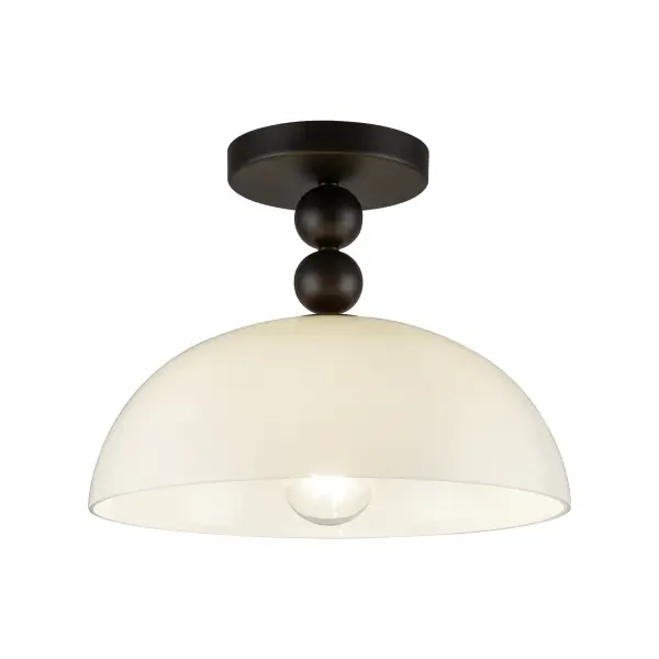 The Paisley lighting collection is a real showstopper! With its semi-flush design and stack of decorative metal beads that look like vintage earrings, it's got a touch of elegance and a playful vibe. And the glossy glass dome shade adds a modern twist, making it a must-have for any room. Collection: Paisley Designer: Haejung Ro Finish: Matte Black/Glossy Opal Glass Glass: Glossy Opal Glass Width: 11.88" Height: 9.50" Length: 11.88" Canopy: D5.125" x H0.875" Number of Bulbs: 1 Maximum Wattage: 60.00 W Bulb Type: A19 Bulb Base: E26 Voltage: 120.00 V Material: Steel + Glass Country of Origin: China Safety Listing: UL Safety Rating: Dry Spec Sheet Instructions